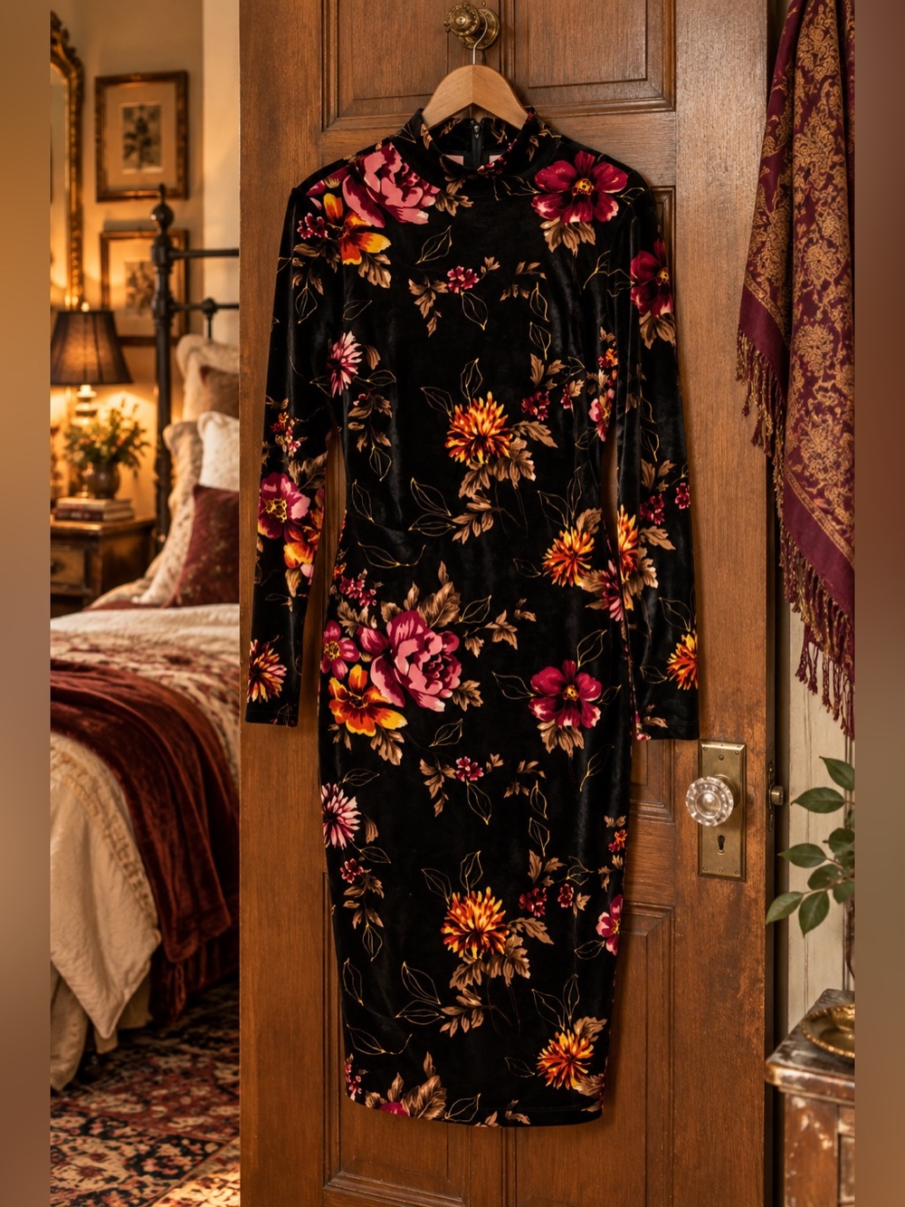 VENUS Floral Printed Velvet Mock Neck Bodycon Midi Dress Lg
